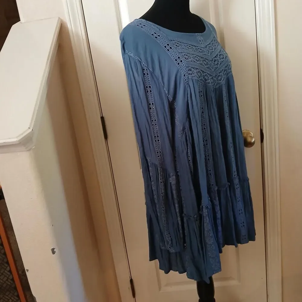 Free People Kiss Kiss Blue Embroidered Lace Tunic Dress L Boho Festival Fairy
